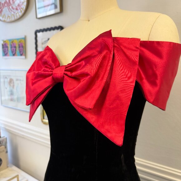 Gunne Sax Jessica McClintock Rare VTG Red Bow Strapless Velvet Bodice Holiday - Picture 2 of 10